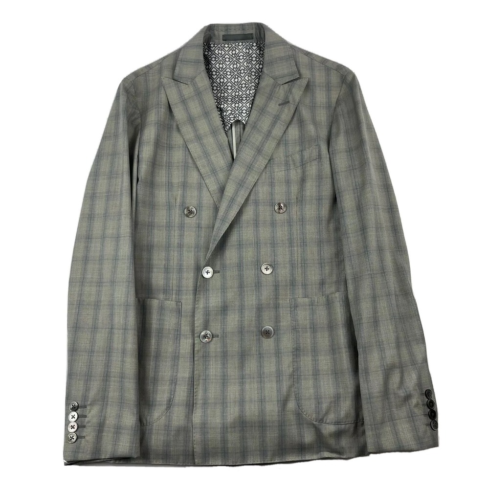 Hardy Amies Gray Blue Checked Wool Dbl Breasted Blazer Size 38R NWOT
